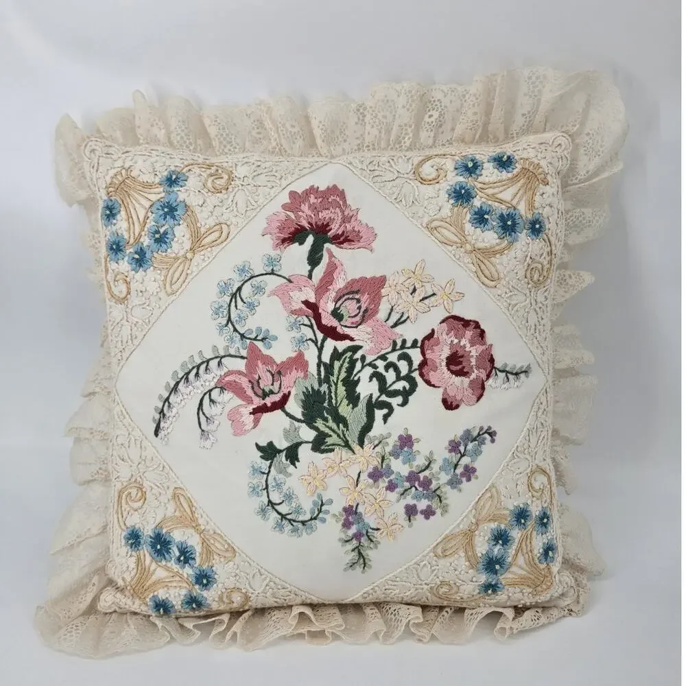Vintage 90s Grandmacore Embroidered Candmar Designs Victorian Style Throw Pillow